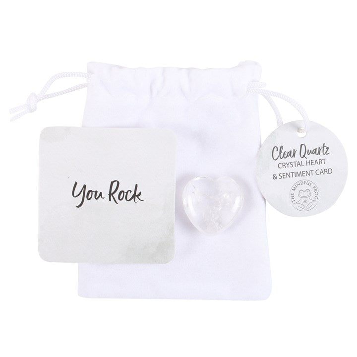 YOU ROCK CLEAR QUARTZ CRYSTAL HEART IN A BAG