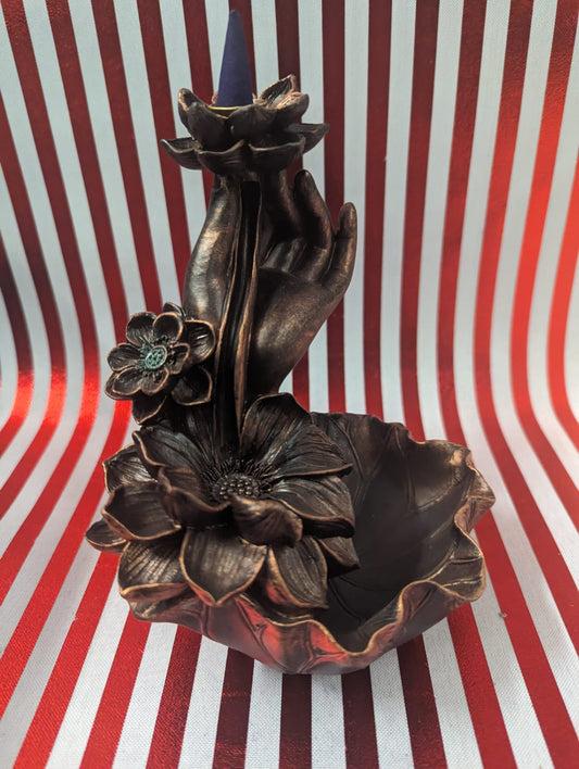 Bronze Effect Hand with Flower Backflow Incense Burner